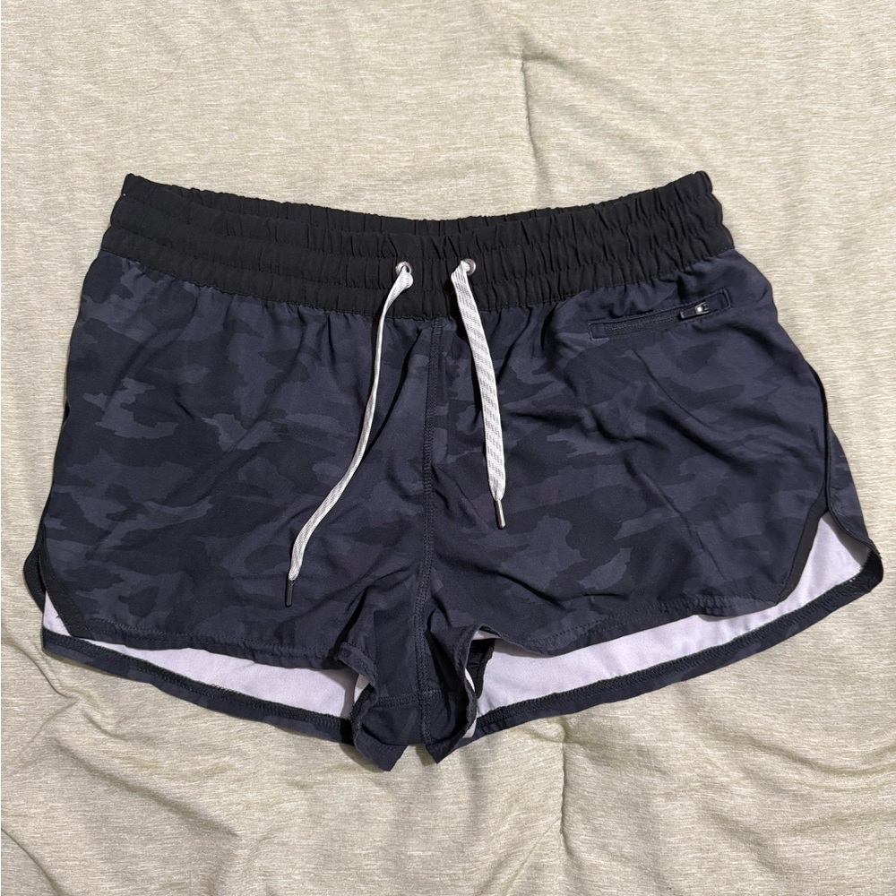 Women's Vuori Navy Camo Athletic Shorts with Elastic Waist